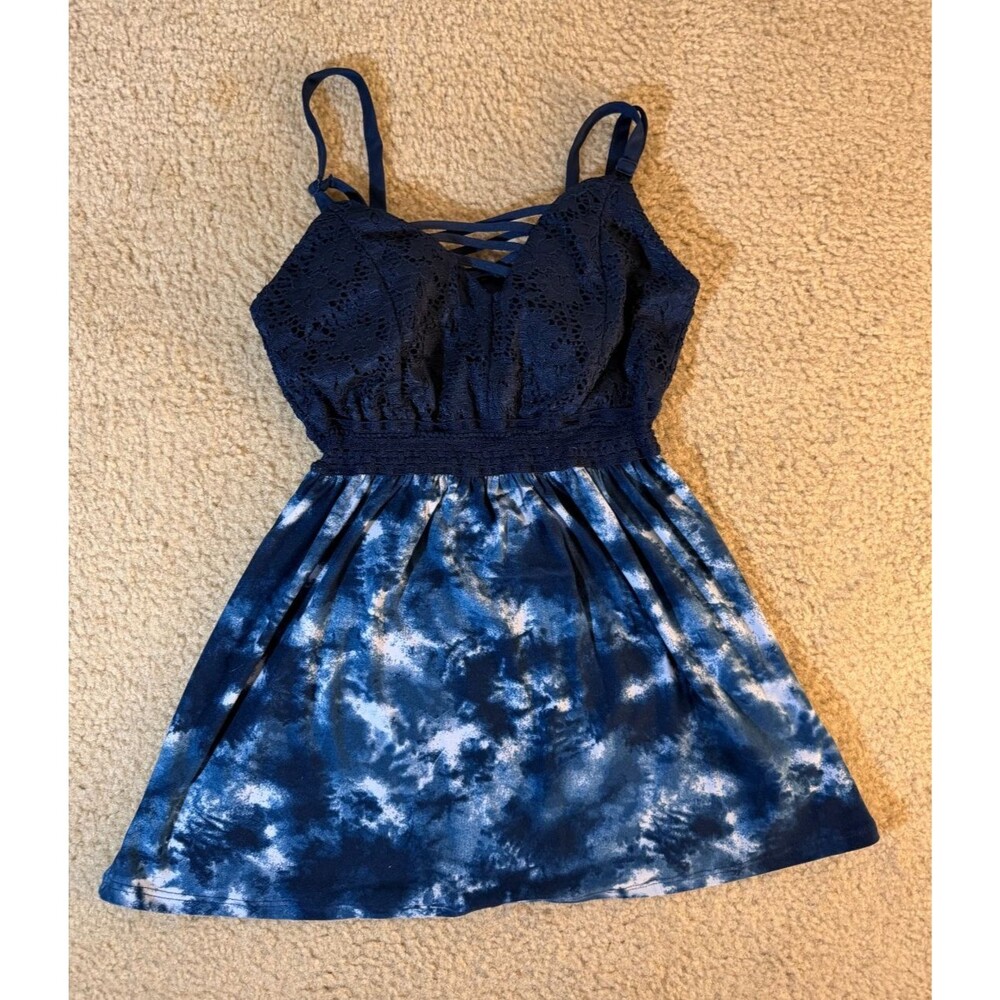 No Boundaries Blue Tie Dye Lace Criss Cross Cami Tank Top Small